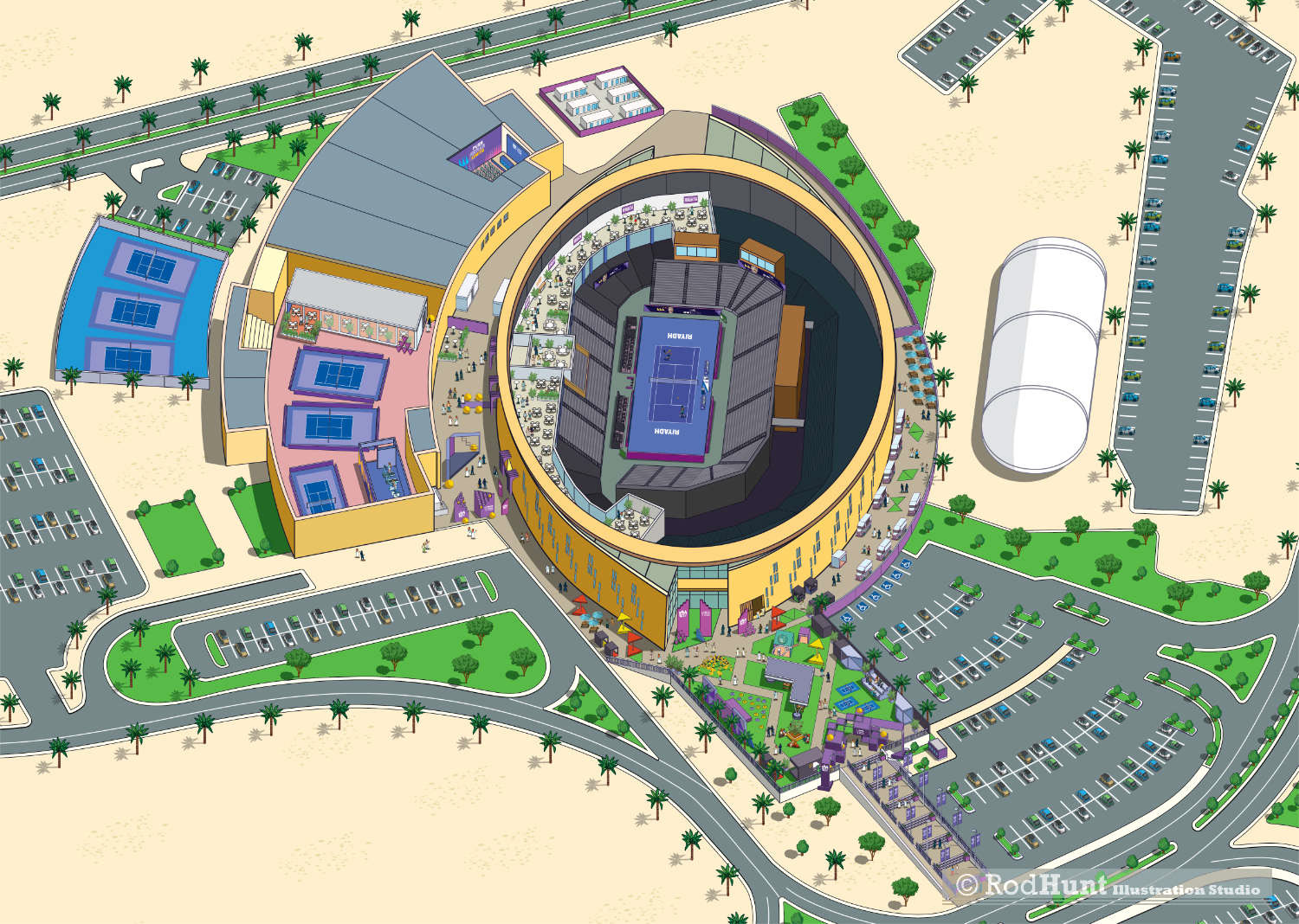 Illustrative maps for sports events - WTA Finals Riyadh 2024 Tennis Sporting Event Map illustration in isometric perspective