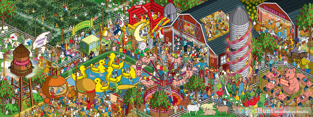 Custom Where's Waldo art style books by Yappy.com Where's your dog / cat? Wild Ride to... Search and Find book - farm theme park illustration