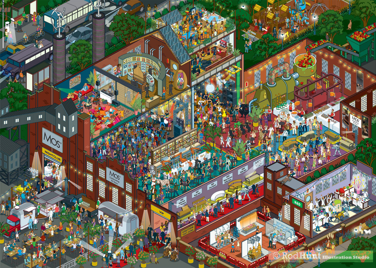 Nightclub and party isometric cutaway cross section illustration for Mos Urban 