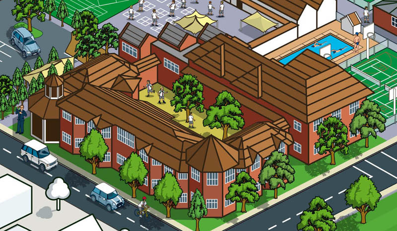 Isometric map showing a large school campus