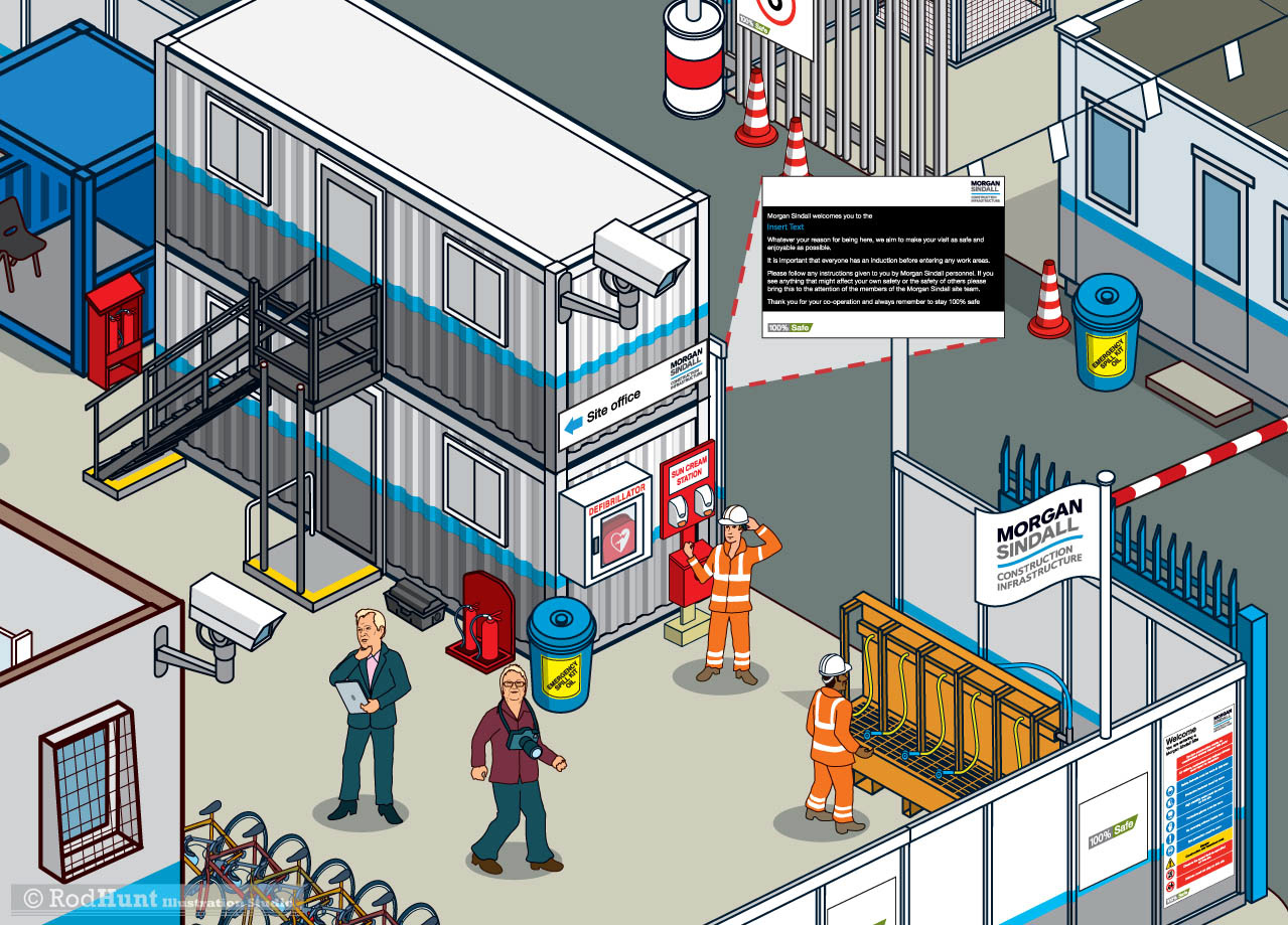 Construction company Morgan Sindall Site set-up guide illustrated by Rod Hunt