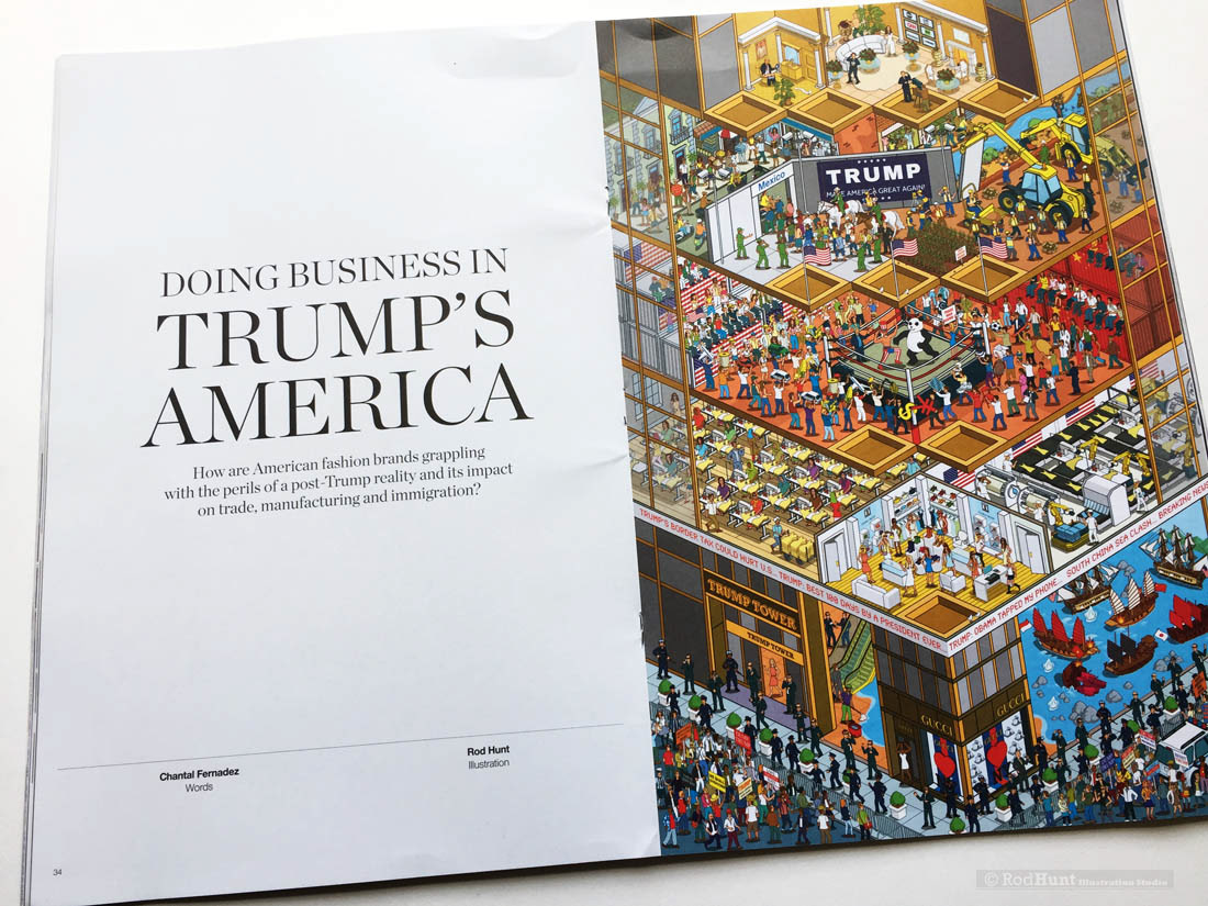 Cutaway Cross Section Building Illustration of Trump Tower in New York for an Editorial Illustration on Donald Trump