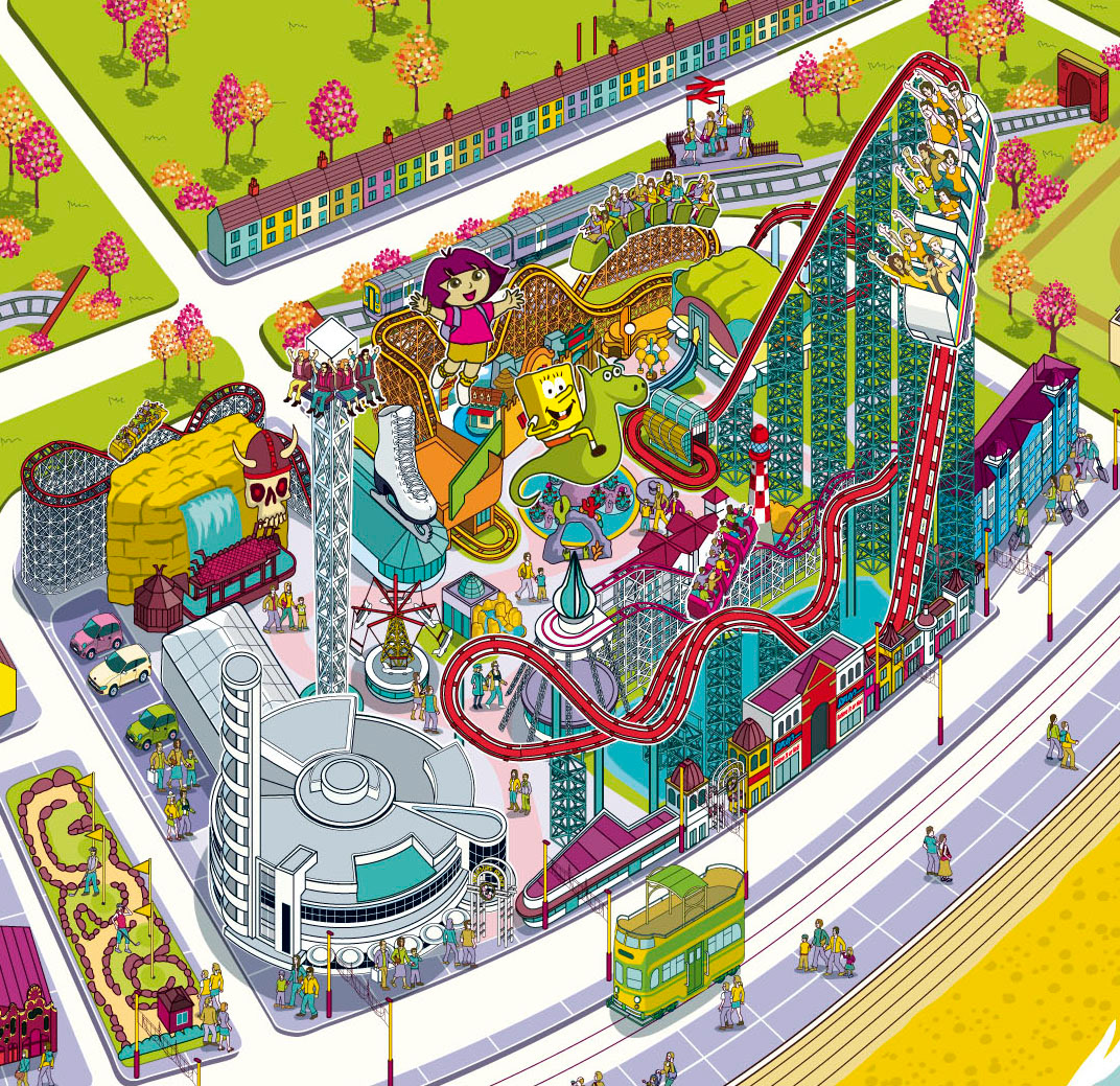 Blackpool Pleasure Beach Theme Park, Amusement Park Map Illustration