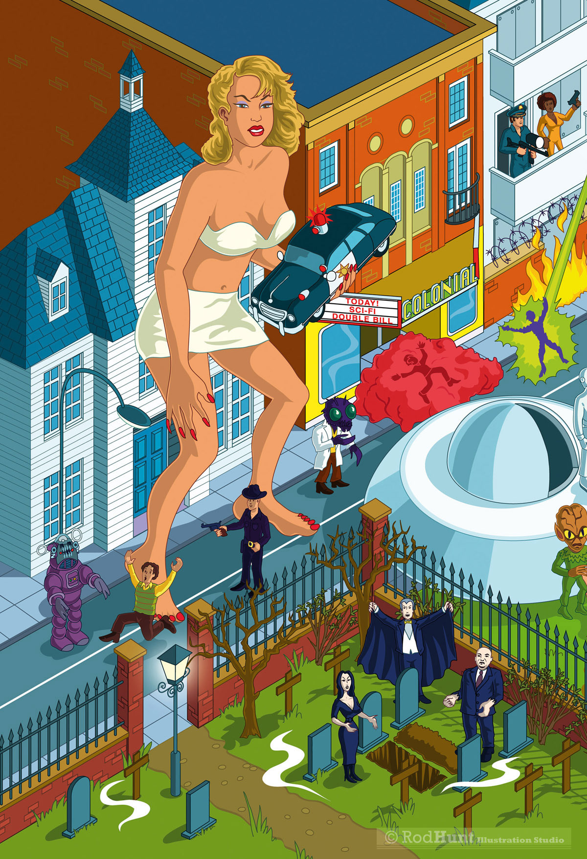 Pixel Art Search and Find Illustration containing 21 classic sci-fi, horror & fantasy movies