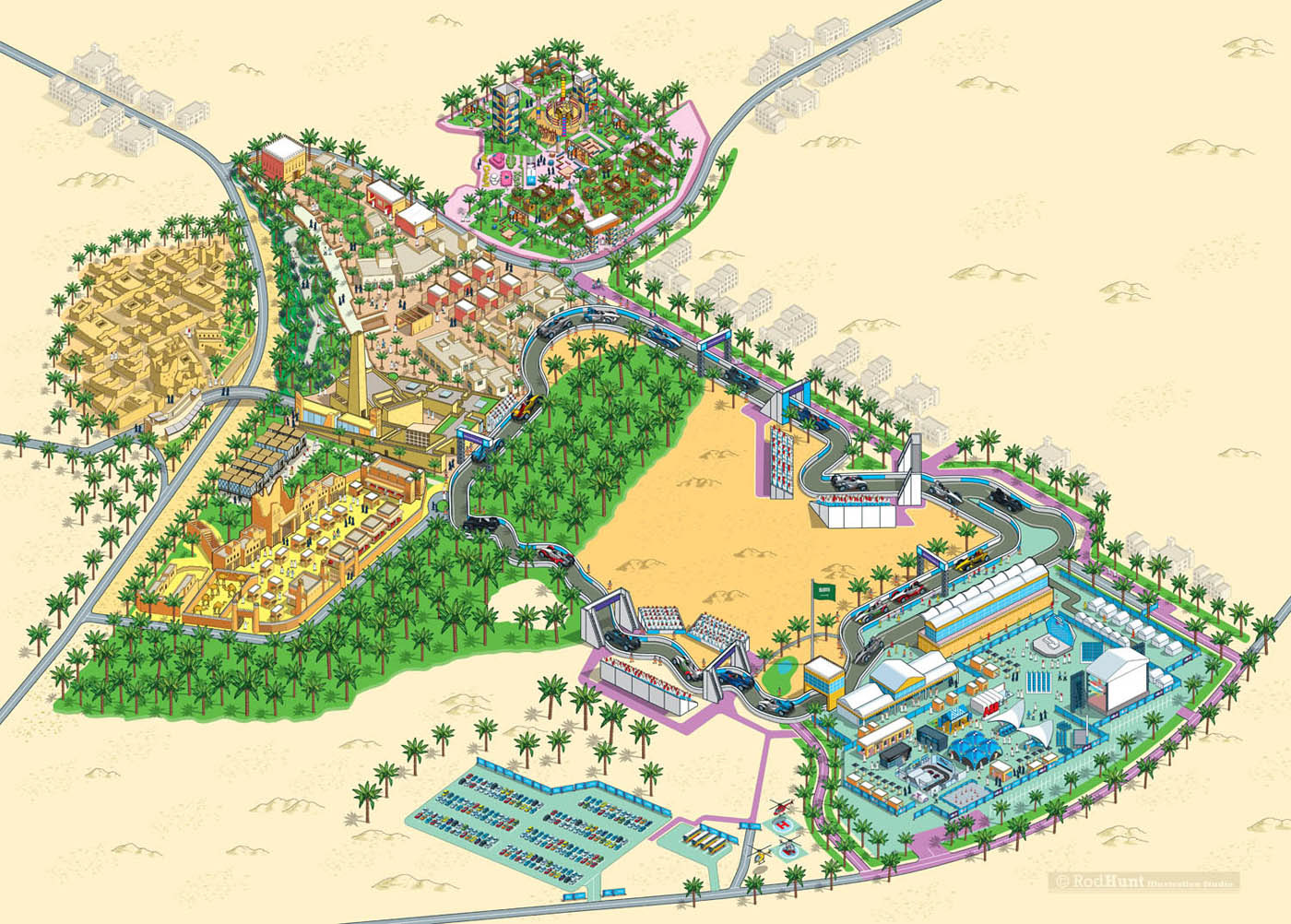 Sports festival zones at Formula E Saudi Arabia MotorRacing Circuit Sporting Map Illustration and design - Rod Hunt creates captivating visuals for the world of sports marketing , advertising and promotion