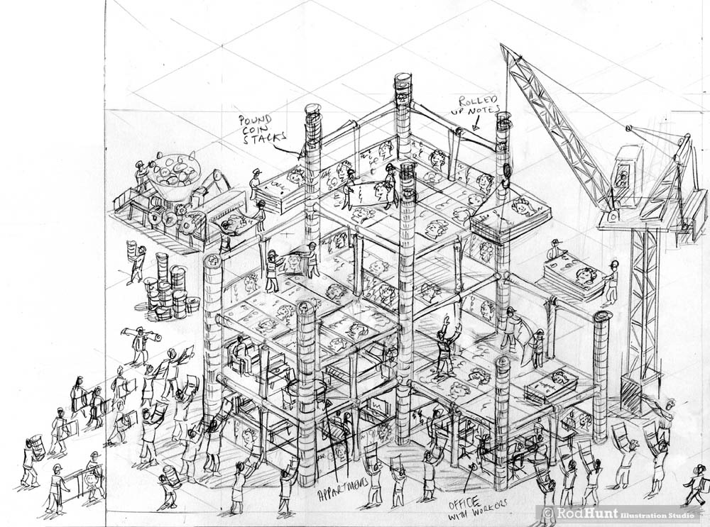 Pencil sketch for an editorial illustration on money & finance
