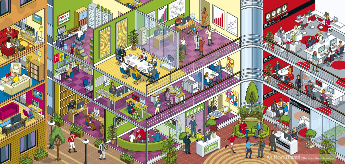Isometric Office Business illustrations - Cutaway Cross Section Office Building with Company Departments