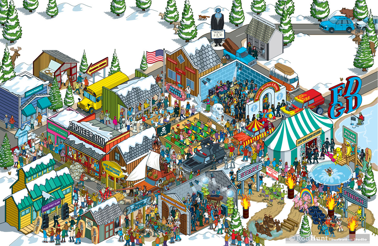 Frozen Dead Guys Days Festival Map Illustration - Norwegian Air in-flight magazine commissioned this illustrated map for a feature on the famous festival