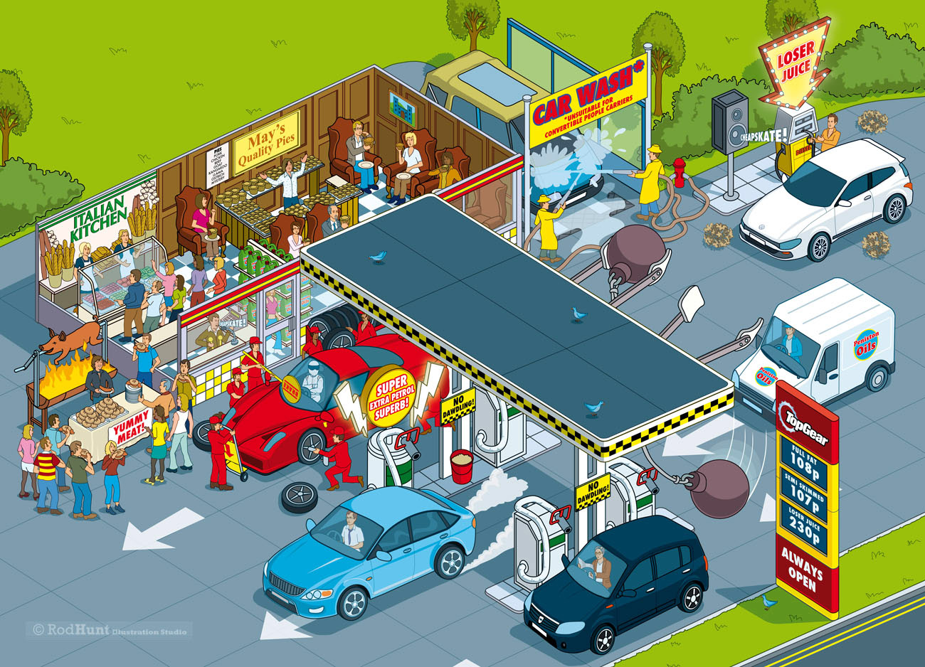 Top Gear Ultimate Petrol Station - Where's Waldo / Wally style Isometric Automotive Gas Station Book Illustration - Commissioned for the Big Book of Top Gear published by BBC Books - Entertainment TV Tie-in book