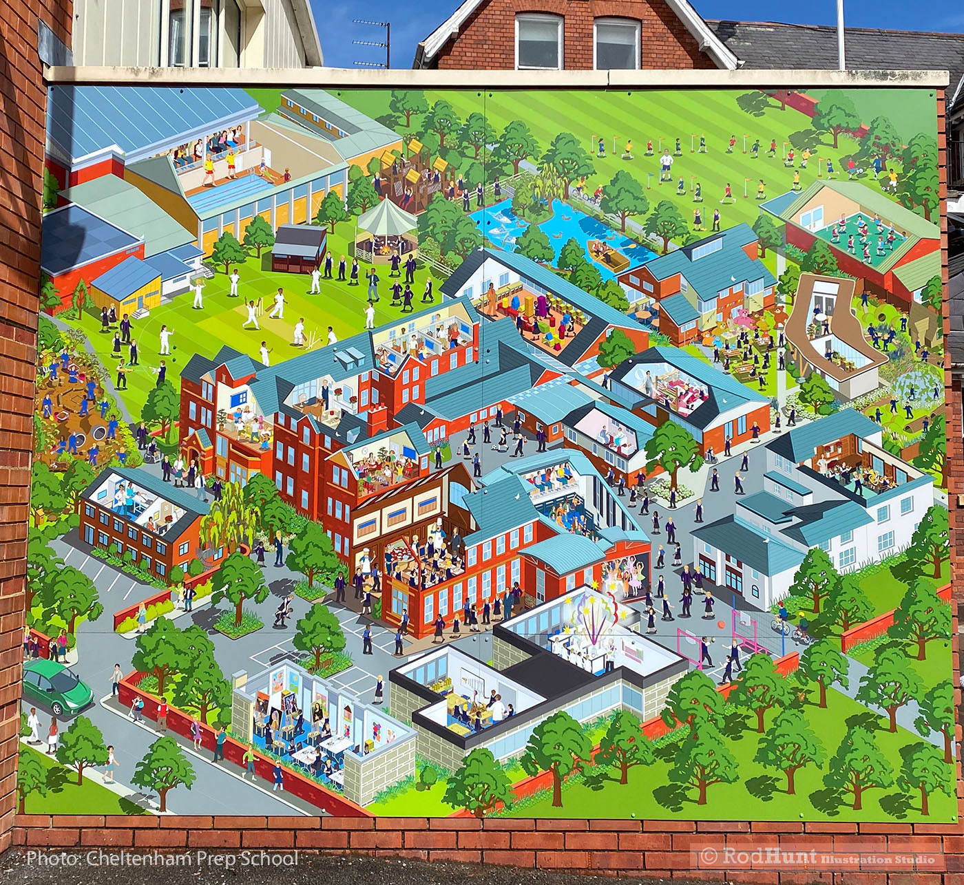 Cheltenham Prep School Campus Map Large Mural Illustration by Rod Hunt - a unique three-dimensional view of landscapes and buildings