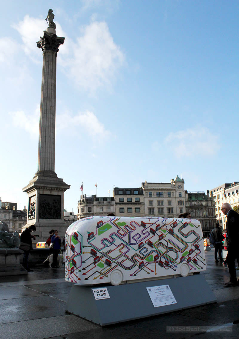 Artwork on display in London's Trafalgar Square by Rod Hunt, a public art commission taking inspiration from the London Bus Route Map