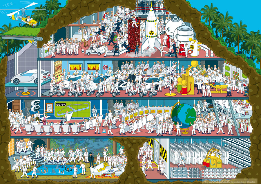 Stig's Secret layer Where's Wally / Waldo style cutaway and cross section illustration, in the style of a James Bond villain's volcano base