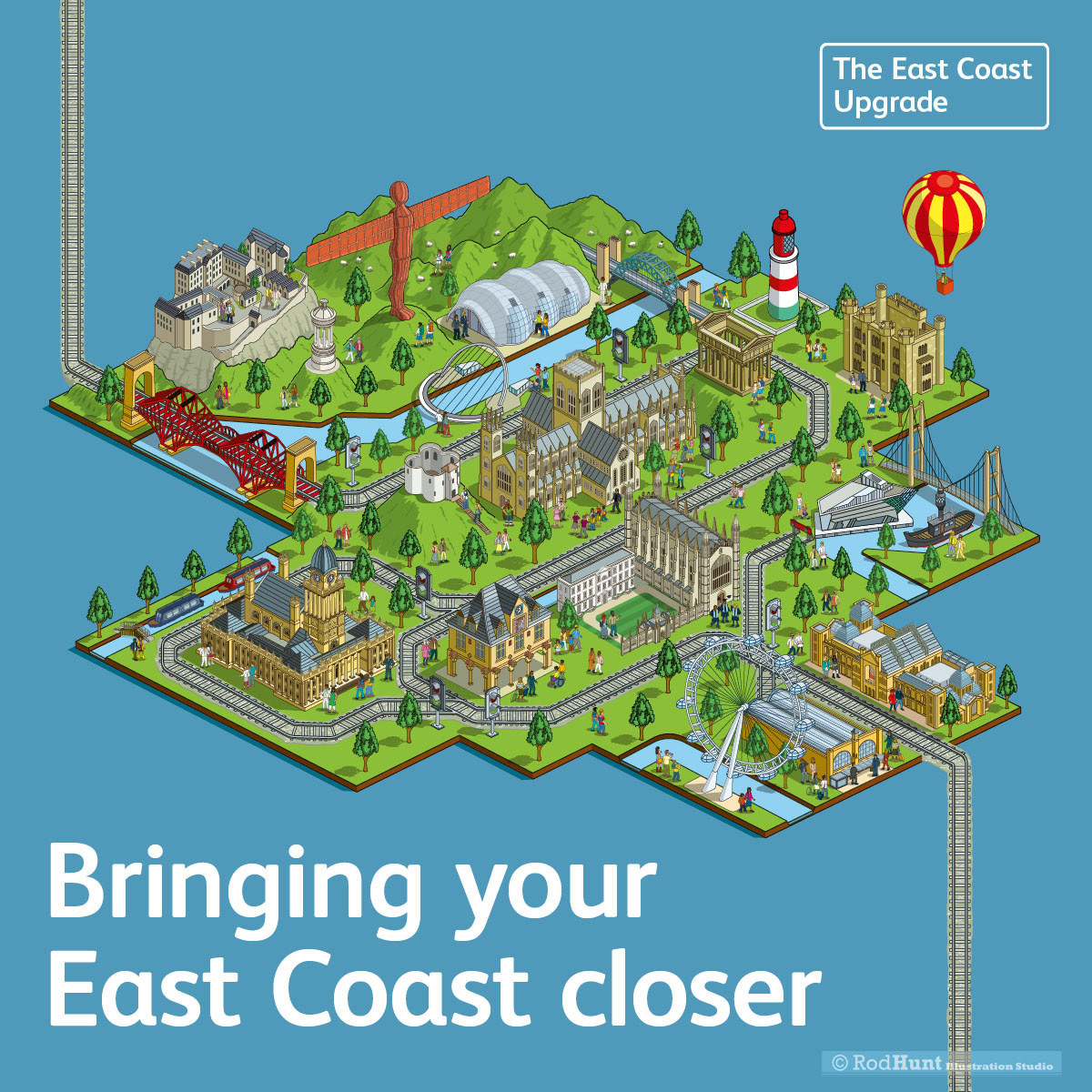 UK Illustrated Map of rail network for East Coast Mail Line Network Rail Bringing Your East Coast Closer with landmarks, towns and cities for illustrated advertising campaign by Rod Hunt