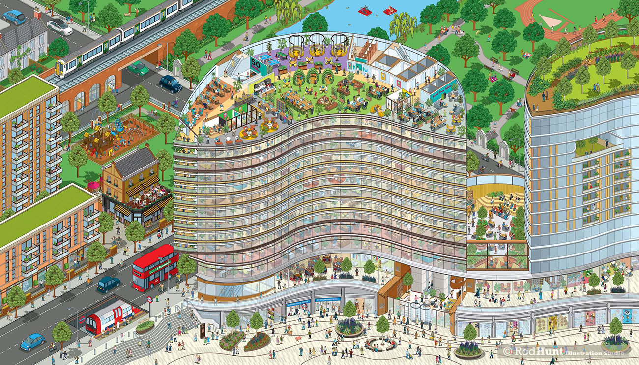 50 Electric Boulevard Battersea 3D architecture cutaway cross section Isometric Building interior Illustration
