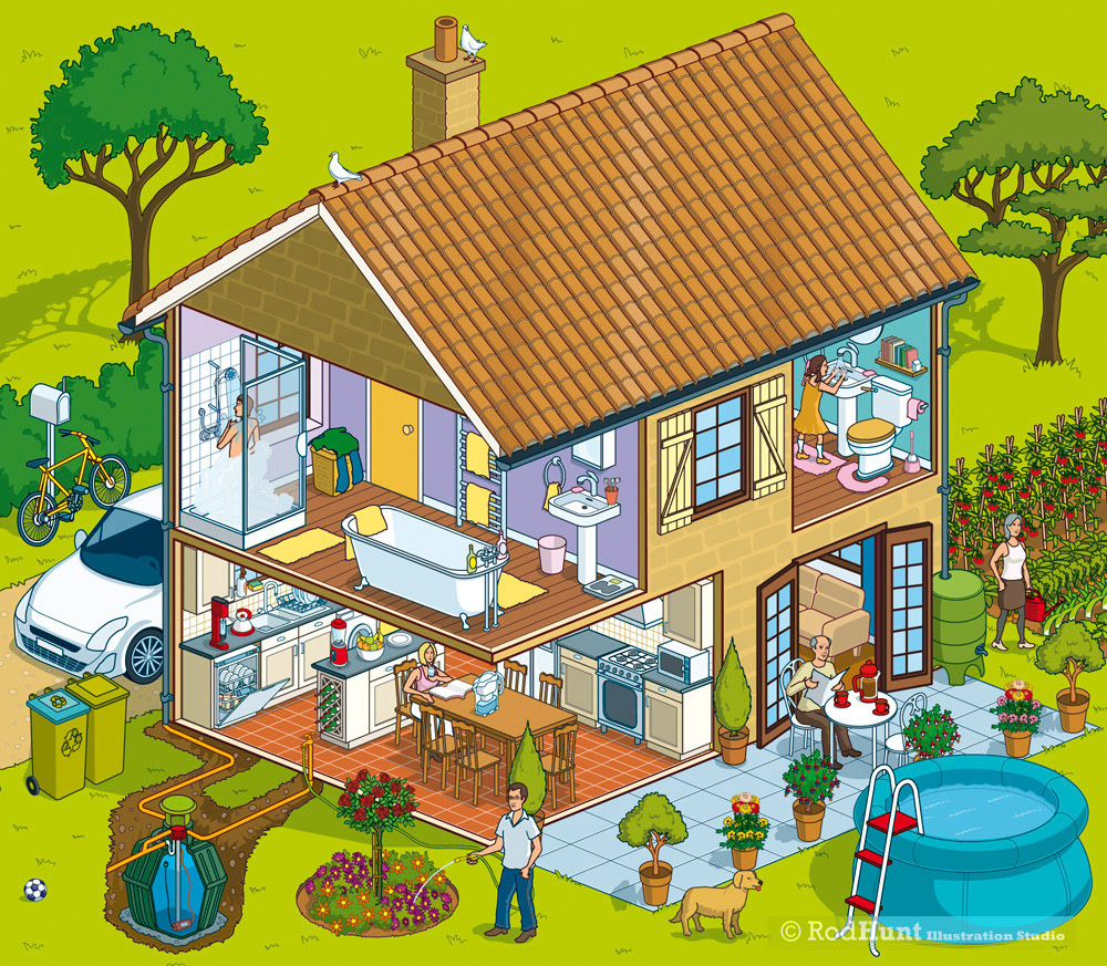 Isometric cutaway cross section house Illustration for the Online Interactive Water Saving House guide