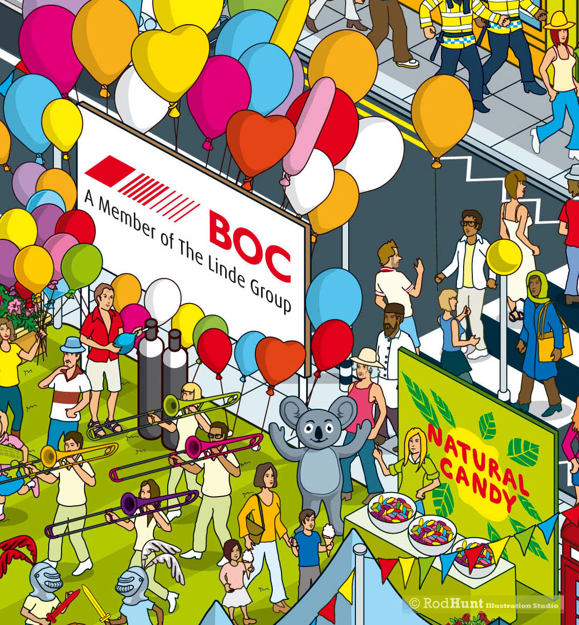 Isometric illustration of a small town market and fair