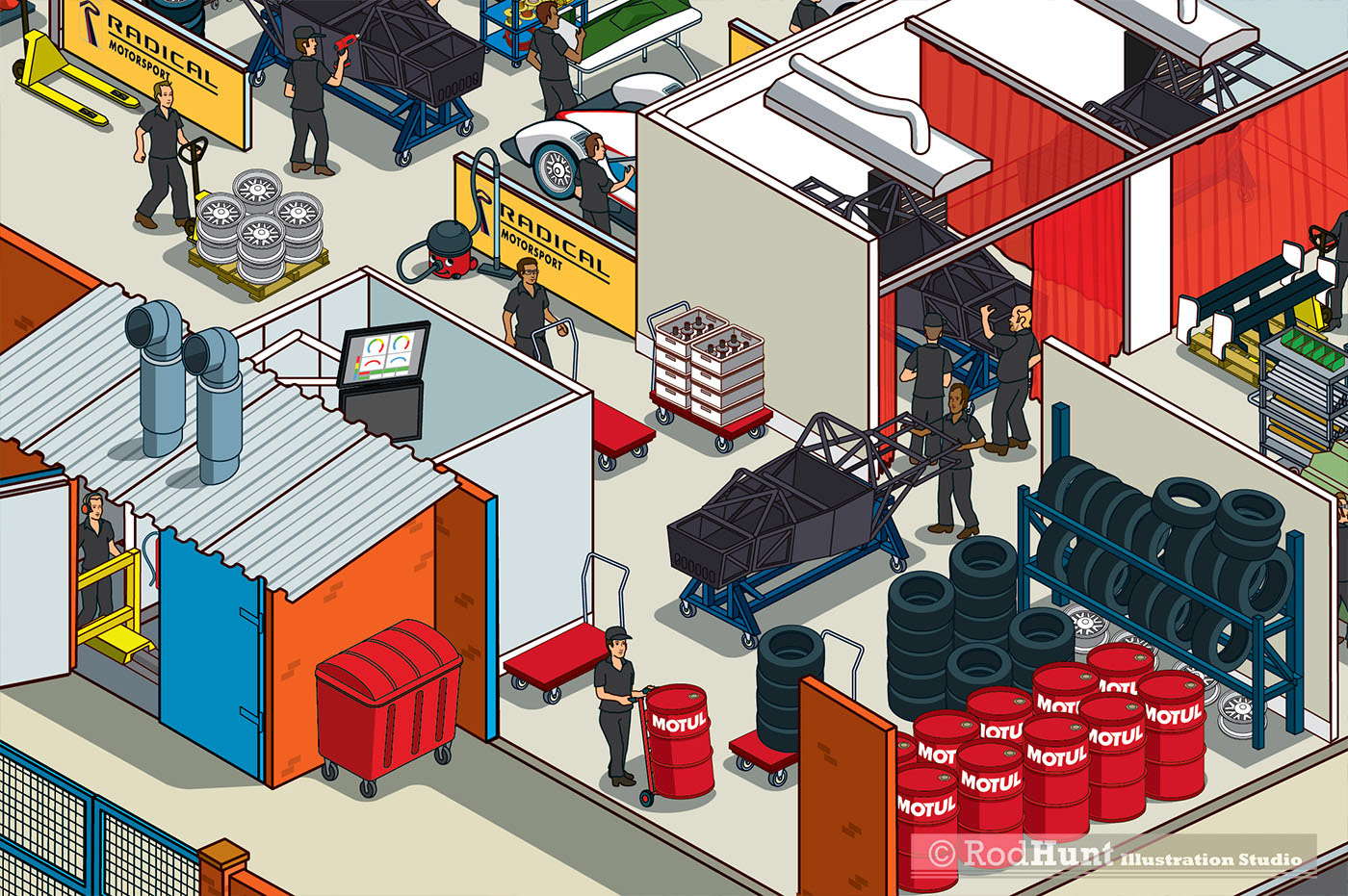 Chassis production at the Radical Motorsport Racing car Factory in Peterborough. Cross section diagram building  Illustration by Rod Hunt
