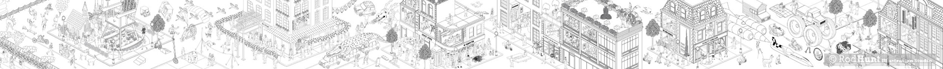 Black and white colouring book wall mural illustration by Rod Hunt