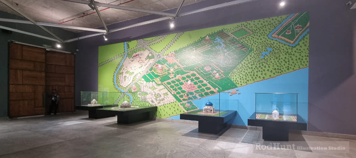 Site-specific Illustrated Museum gallery installation, an architectural guide map illustration of the Humayun's Tomb site displayed in the vestibule gallery of the Humayun's Tomb World Heritage Site Museum - museum exhibition graphic design by illustrator Rod Hunt