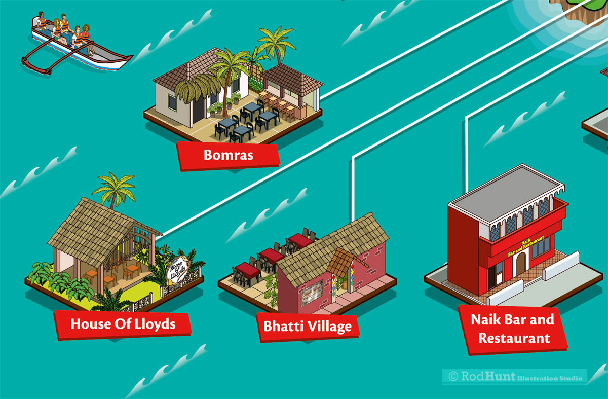 Detailed map illustrations of attractions, hotels and restaurants in Goa