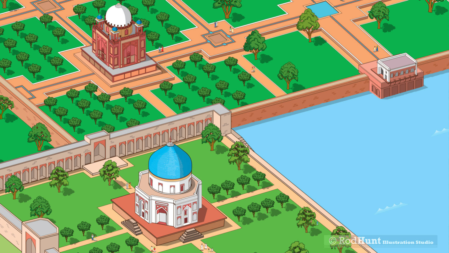 Nila Gumbad and Barbers Tomb detail from the illustrated map of the world heritage site