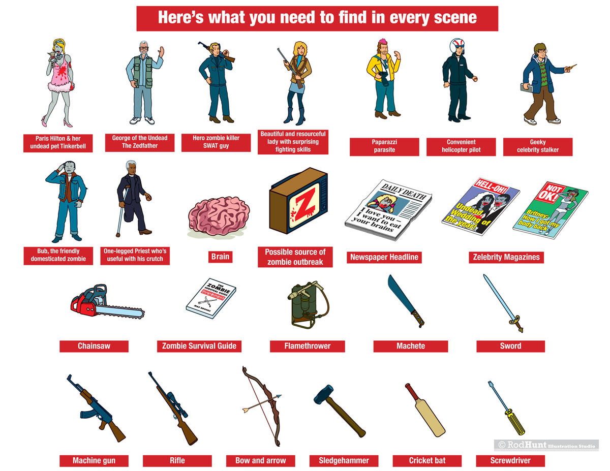 Here's what you need to find in the Zombie Search and Find picture book Illustration - character designs and hidden items 