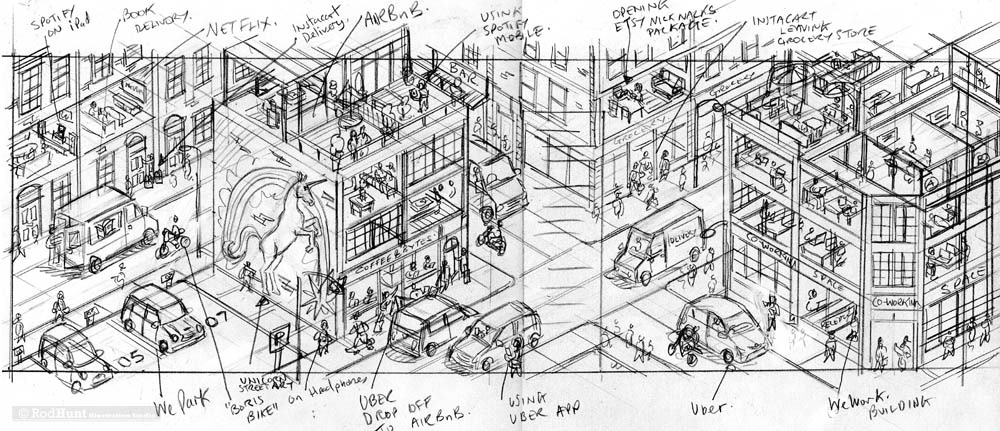 Original concept sketch for an editorial illustration in GQ