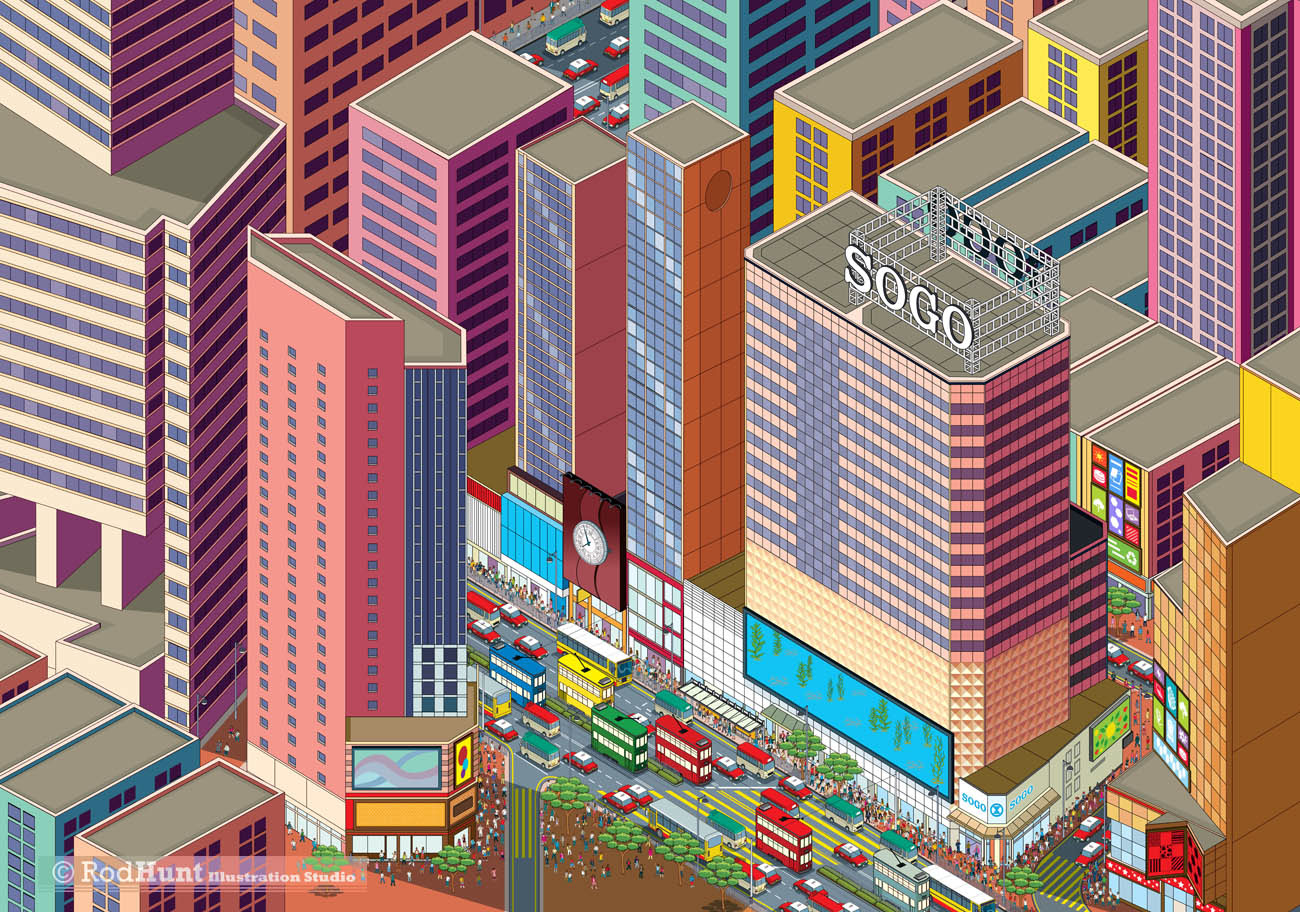 Sogo Department Store Hong Kong isometric Cityscape Illustration & Bumper Animation - Cvision HD LED Video Screen Wall - advertising campaign