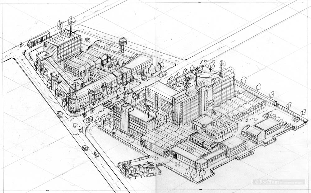 Pencil sketch for Hand drawn 3D Map illustration