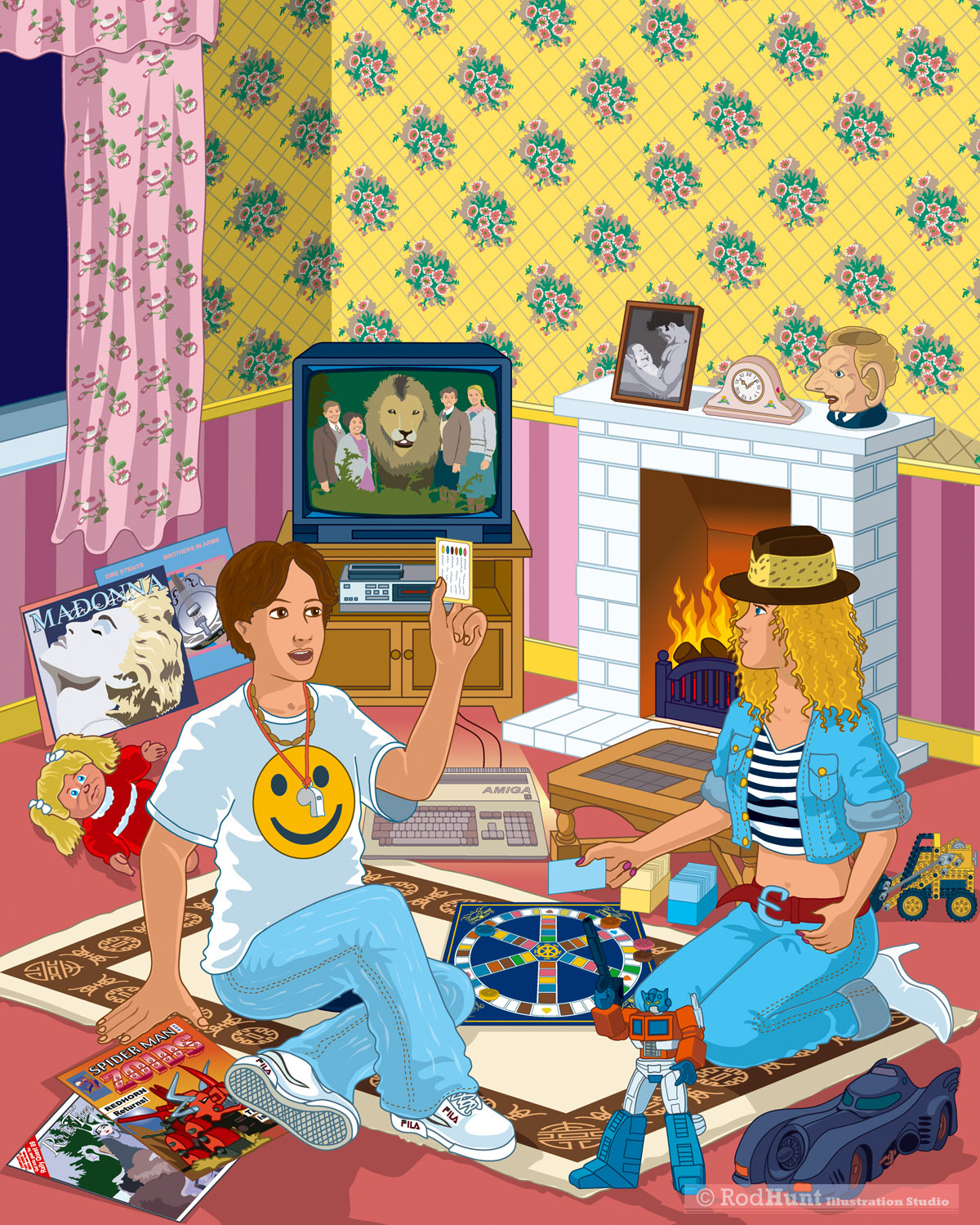 1985-1989 Nostalgic Children's TV, Film, Pop Culture Illustration - Madonna, Dire Straits, Commodore Amiga Computer, Rave, Sliey Face, Narnia, Canage Patch Dolls, Transformers, Batman, Bat Mobile, Time Burton, Trivial Pursuit, Athena Posters, Technical Lego,