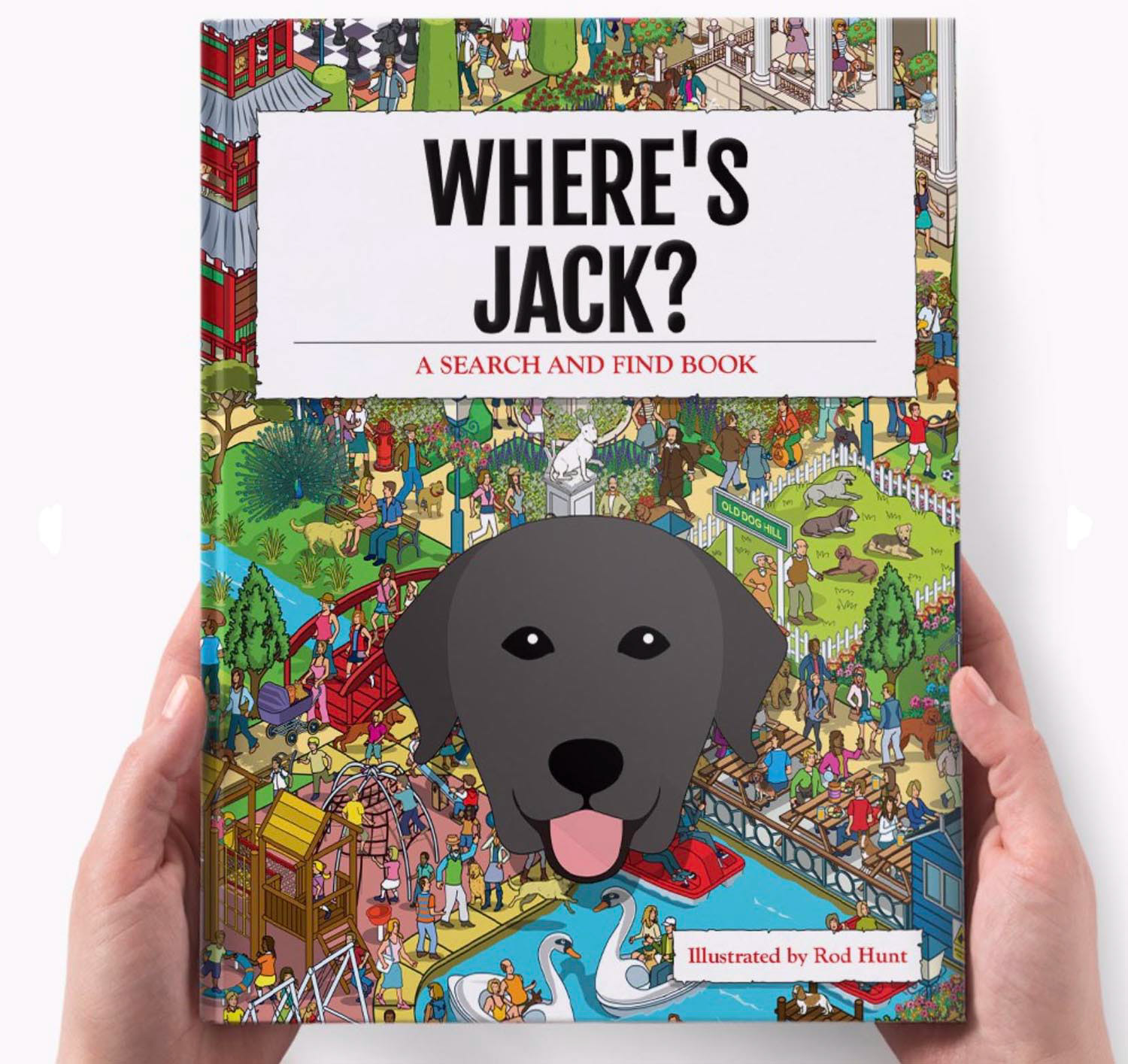 Hidden Pictures personalised Where's your Dog? Search and find picture book illustrated in Where's Waldo / Wally style crowd puzzle illustration style