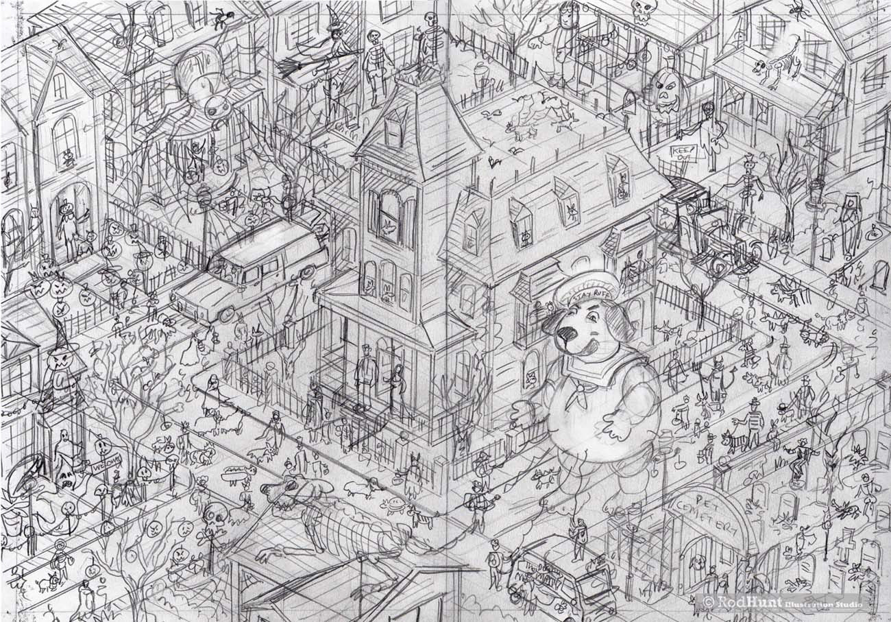 Where's Waldo / Wally type drawings for a personalised dog hidden picture activity book