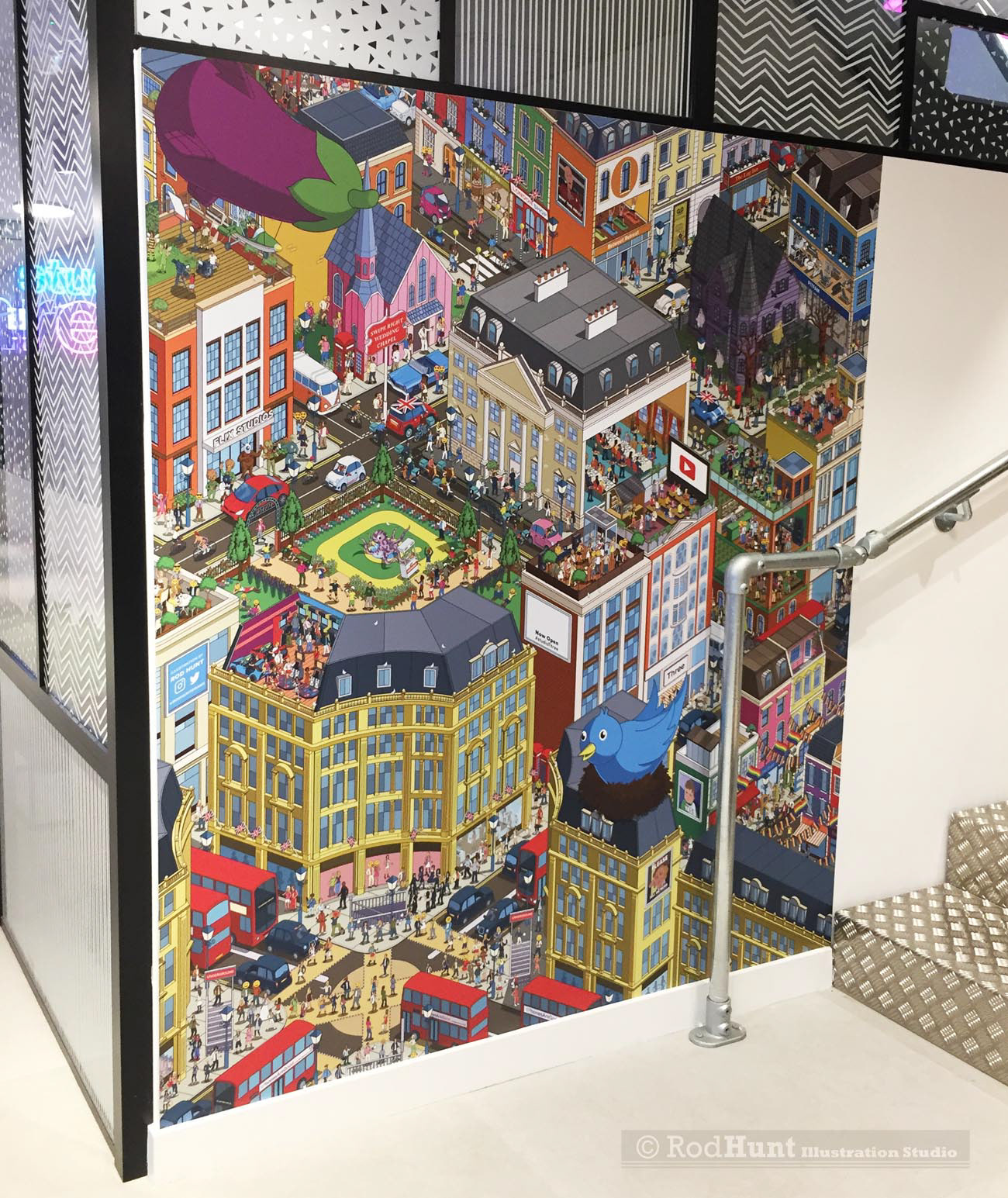 Site-specific Large Vinyl Mural installation retail store - In-store Illustrated murals for mobile phones brand Three