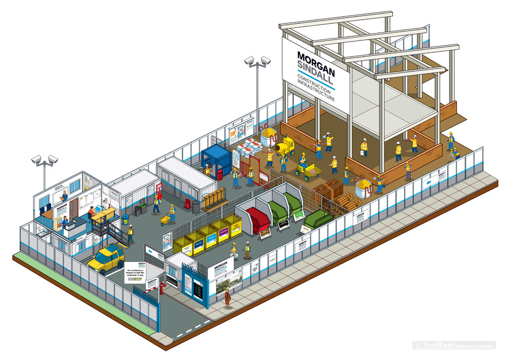3D Isometric perspective diagram illustration of a construction site for a set up guide