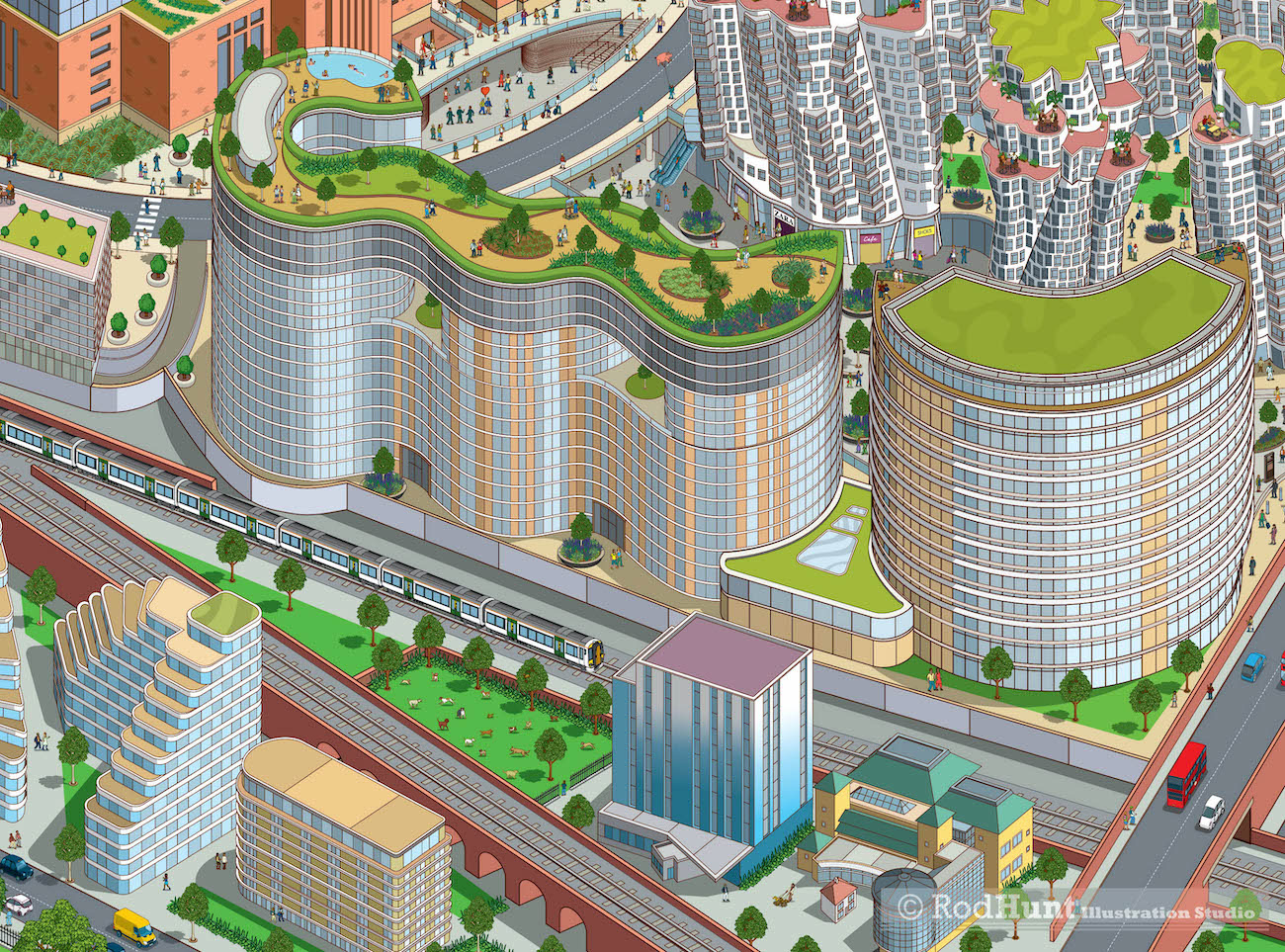 Architecture drawing of Electric Boulevard city illustration - Battersea Power Station Development Illustrated Map