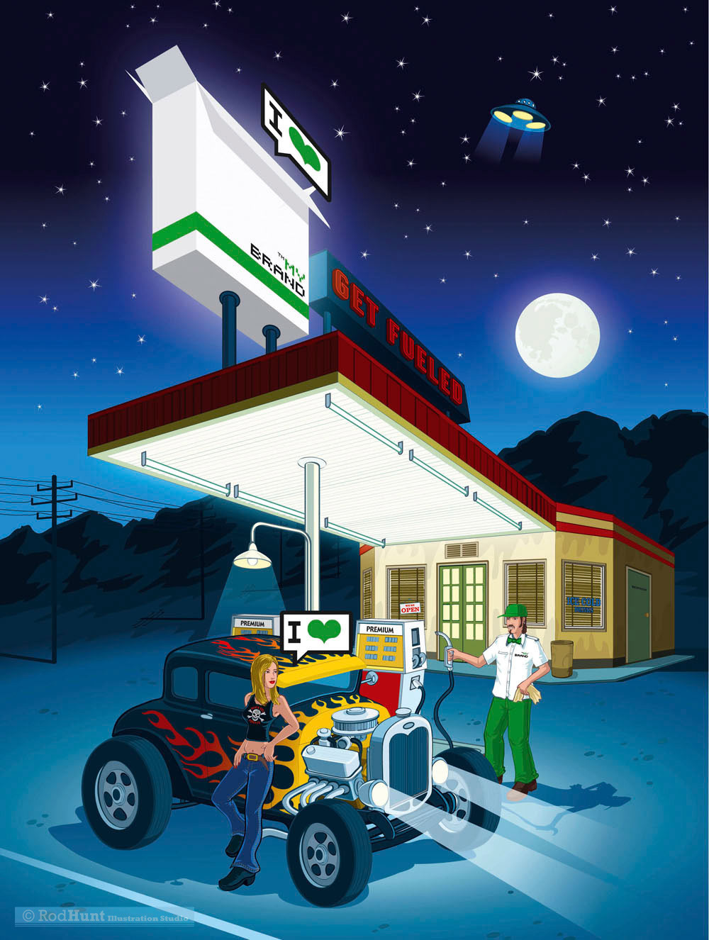 Hot Rod & gas station Retro Poster illustration 