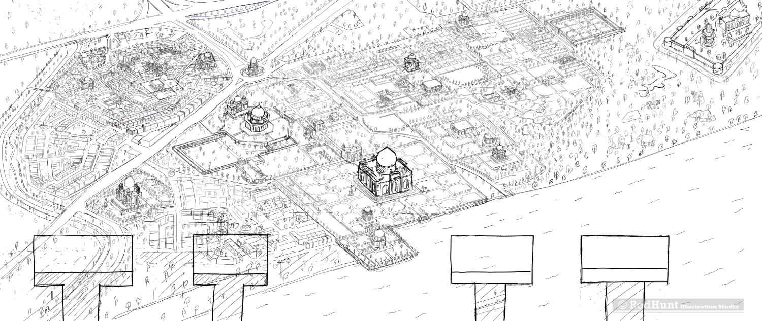 Original hand drawn pencil Sketch drawing for the Humayun's Tomb illustrated map