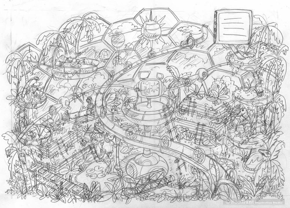 Original pencil drawing for Kellogg's search and find cereal pack games.