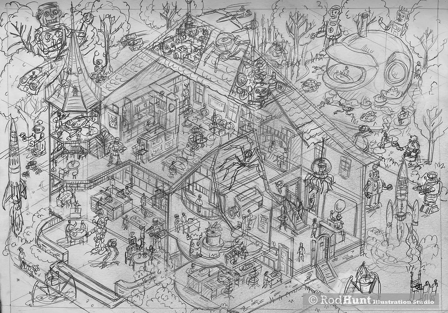 Isometric Pencil Drawing of a cutaway building for MB&F