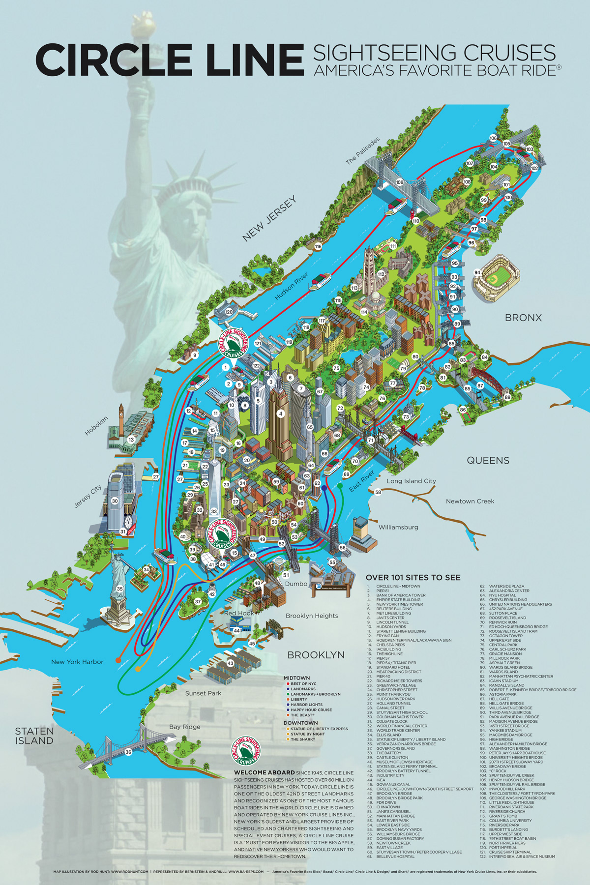 Illustrated map of New York for Circle Line Cruises in isometric perspective designed by City Maps artist Illustrator Rod Hunt