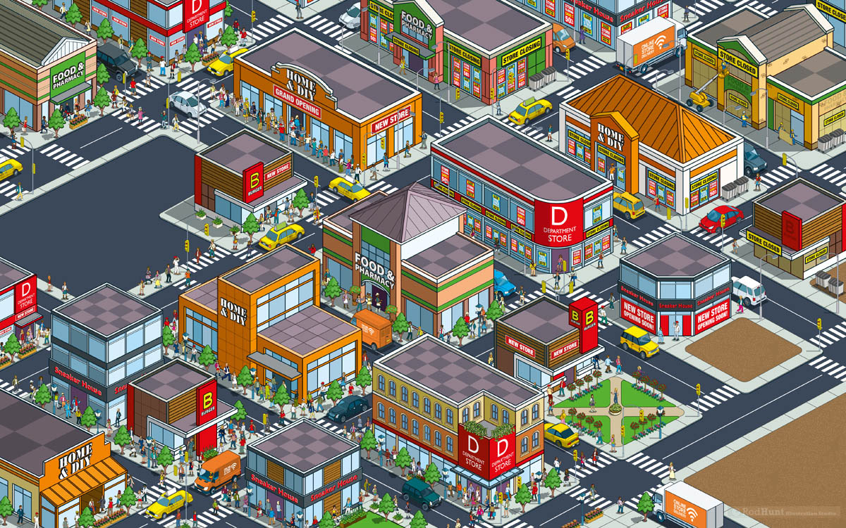 Isometric city editorial illustration for Harvard Business Review: Curing the Addiction to Growth in Retail