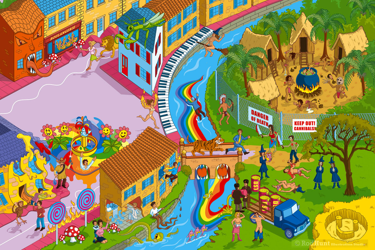 When Towns Go Mad - Bizarre editorial Illustration on collective insanity in communities 