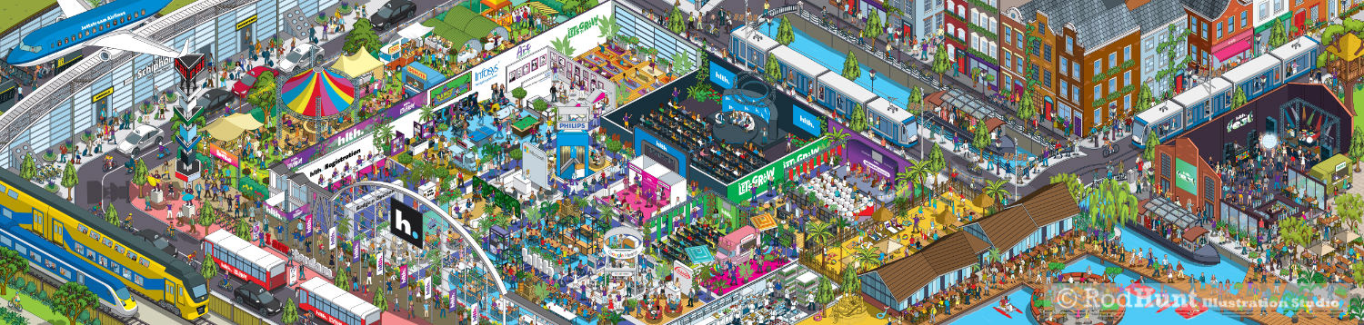 Hugely detailed isometric cityscape illustration of Amsterdam featuring RAI conference centre an HLTH Europe Event using Wimmelbilder style art