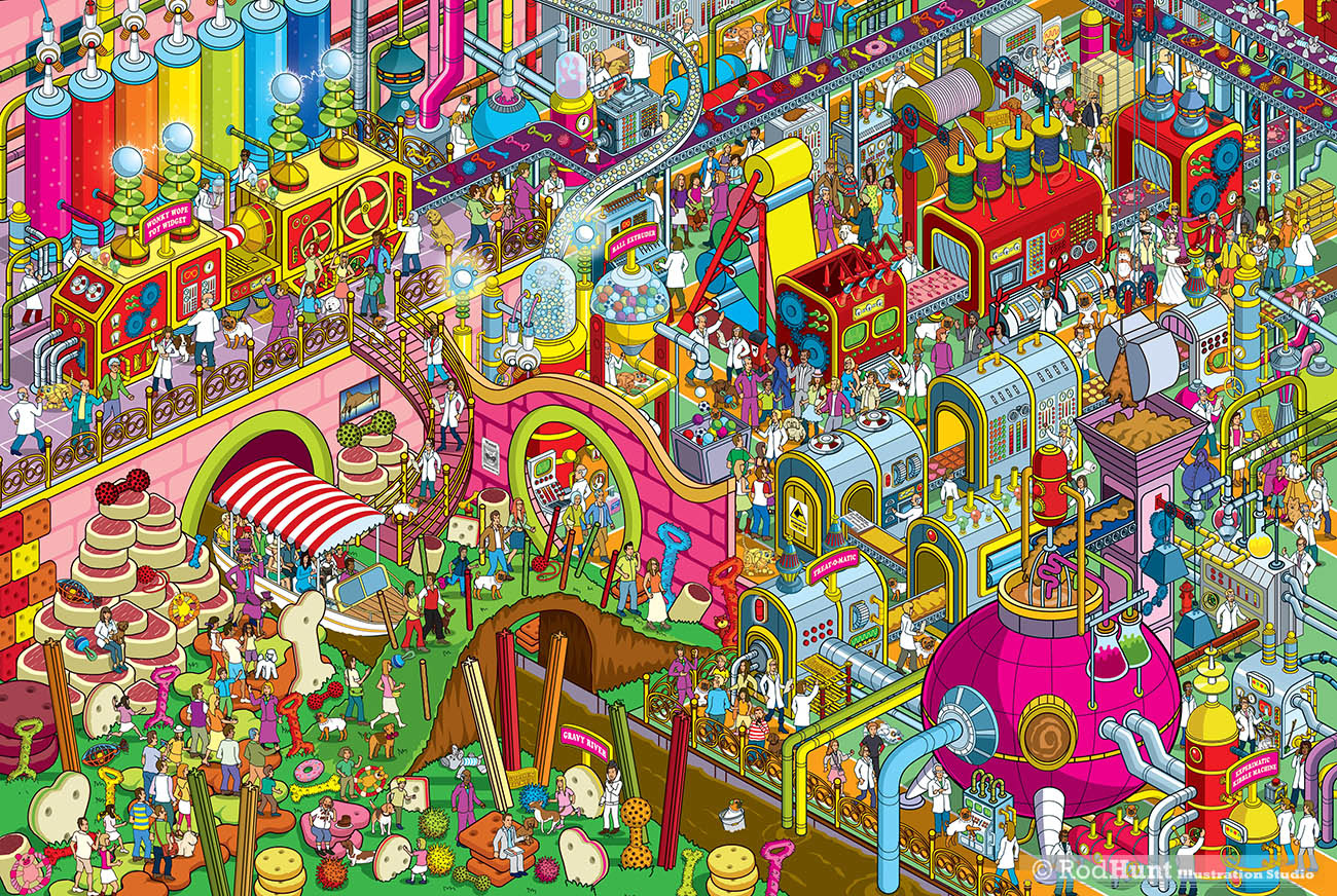 Yappy.com Where's Your Dog? Personalised search and find book - Willy Wonka style candy sweet factory illustration