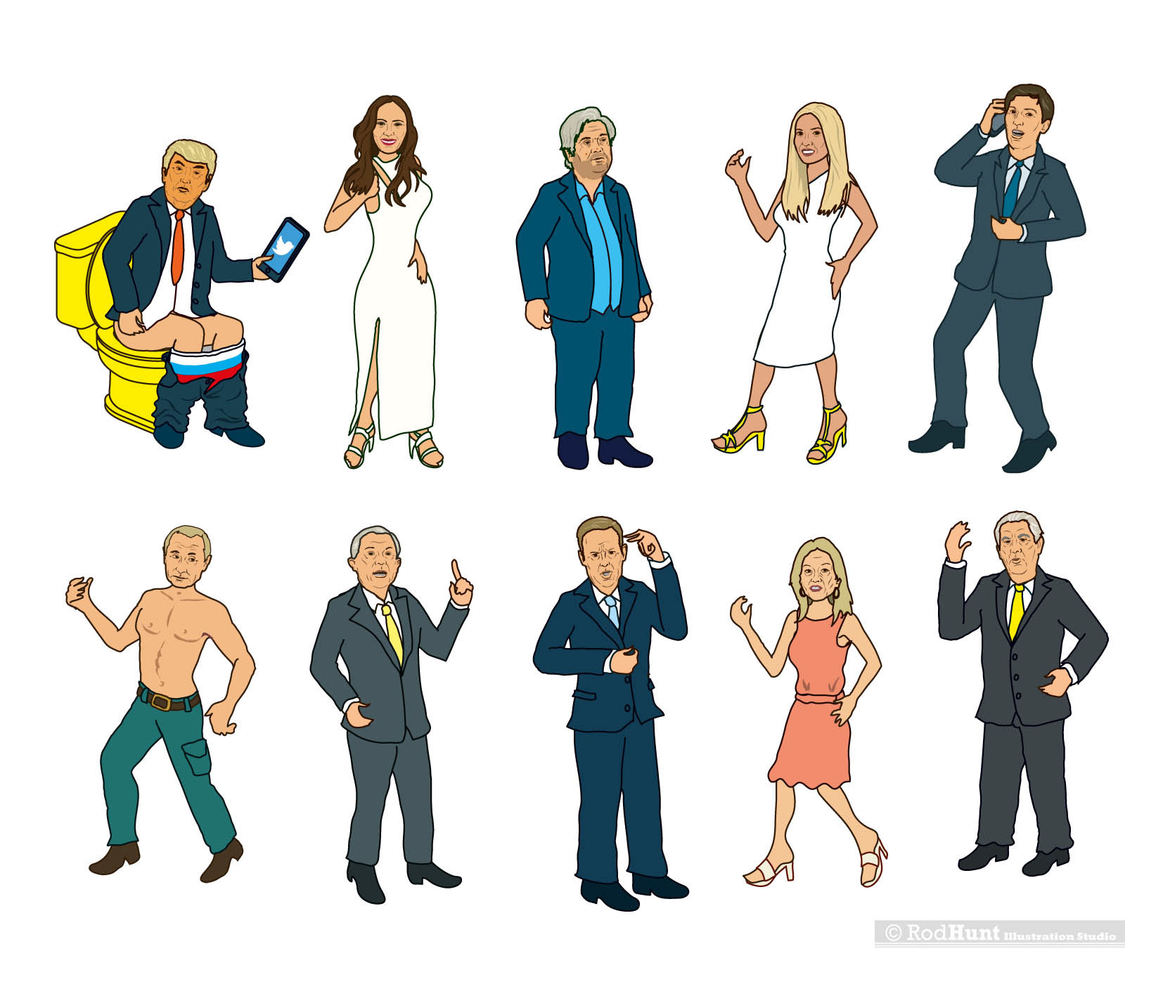 Where's Donald Trump? Where's Waldo / Wally style Search and Find Portrait Illustrations of Donald Trump,  Melania Trump, Steve Bannon, Ivanka Trump, Jared Kushner, Vladimir Putin, Jeff Sessions, Sean Spicer, Kellyanne Conway and Rex Tillerson, used in a Search and Find illustration.