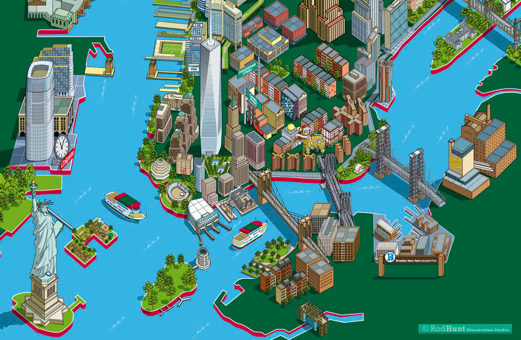 Isometric NYC Map Illustration featuring tourist attractions, skyscrapers and landmarks