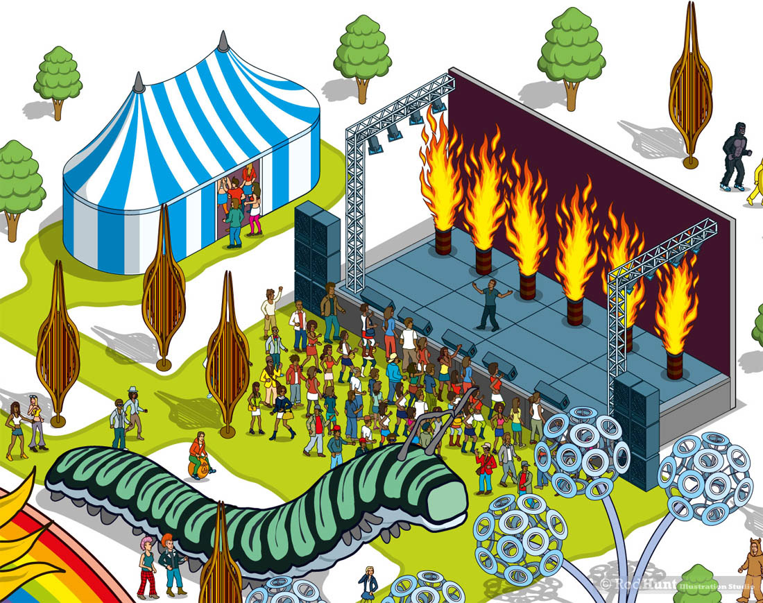 Music festival map illustration - Colourful and entertaining illustrated maps for Music Festivals 
