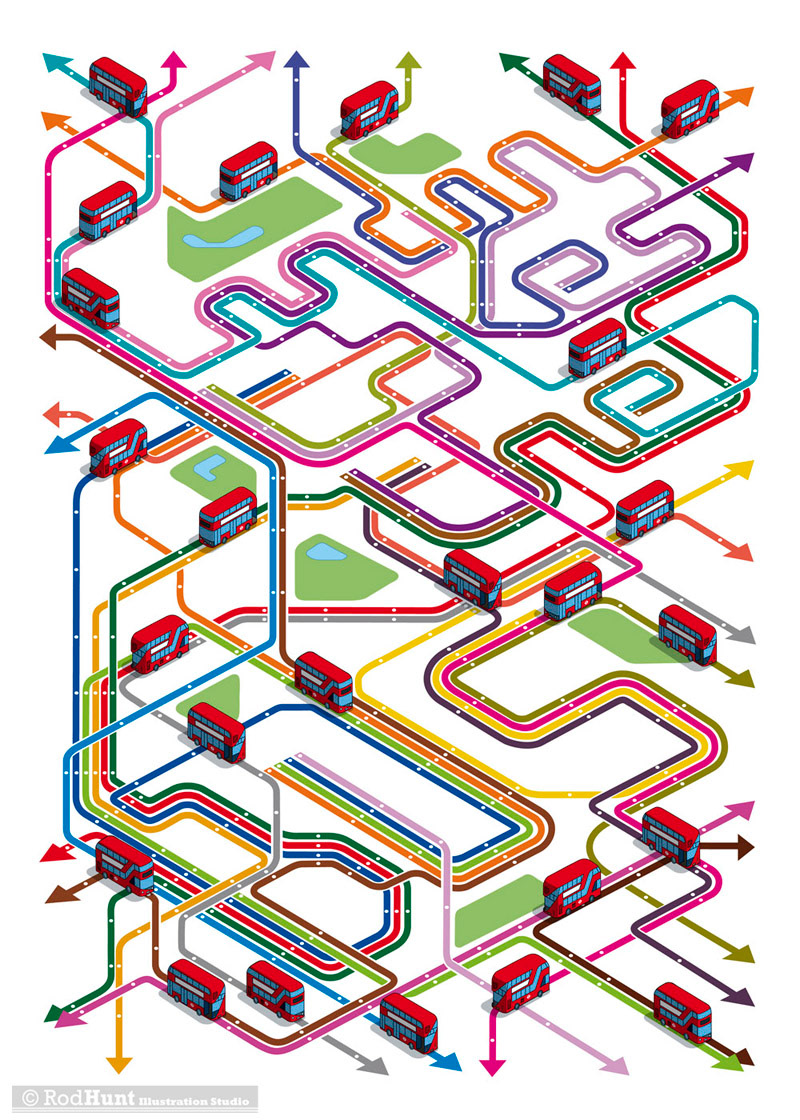 Transport for London Poster illustration - Bus Route Art illustrated by Rod Hunt 