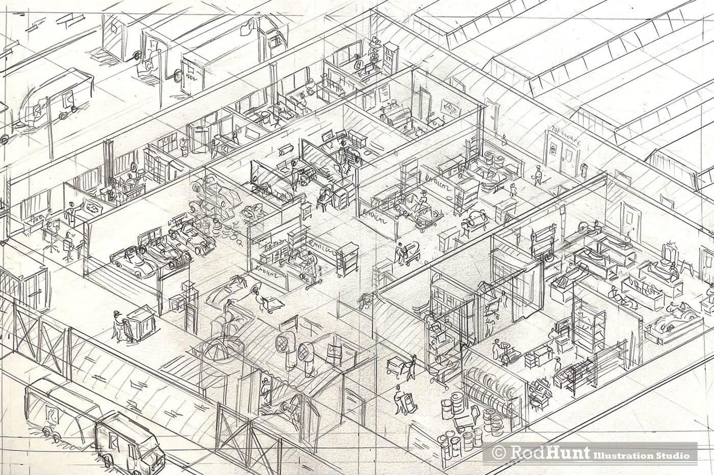 Rough hand drawn pencil drawing sketch of the Radical Motorsport Factory for a cutaway building  illustration by Rod Hunt