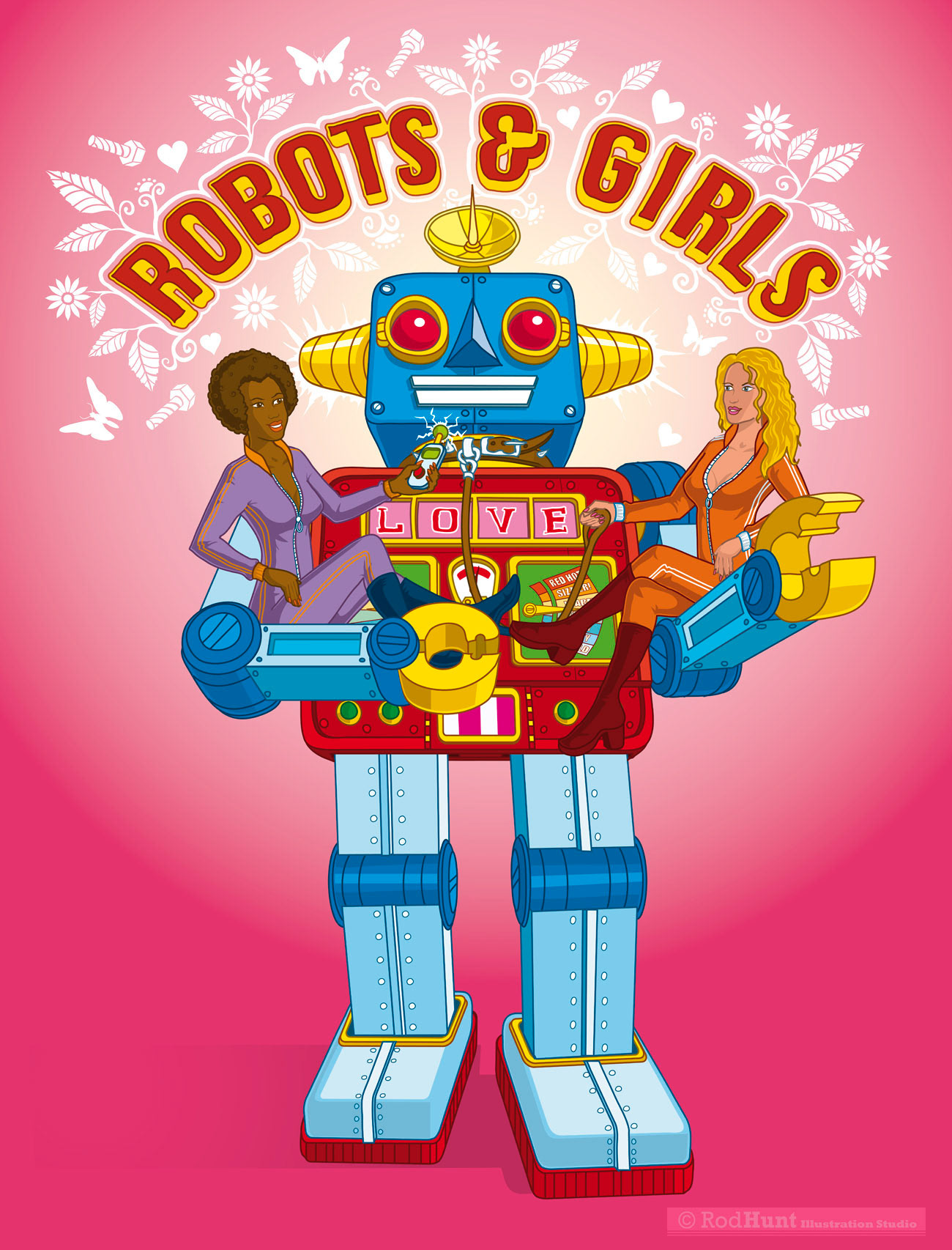 Robots & Girls - Retro Robot Lettering Poster Illustration inspired by 1950s robot tin toys